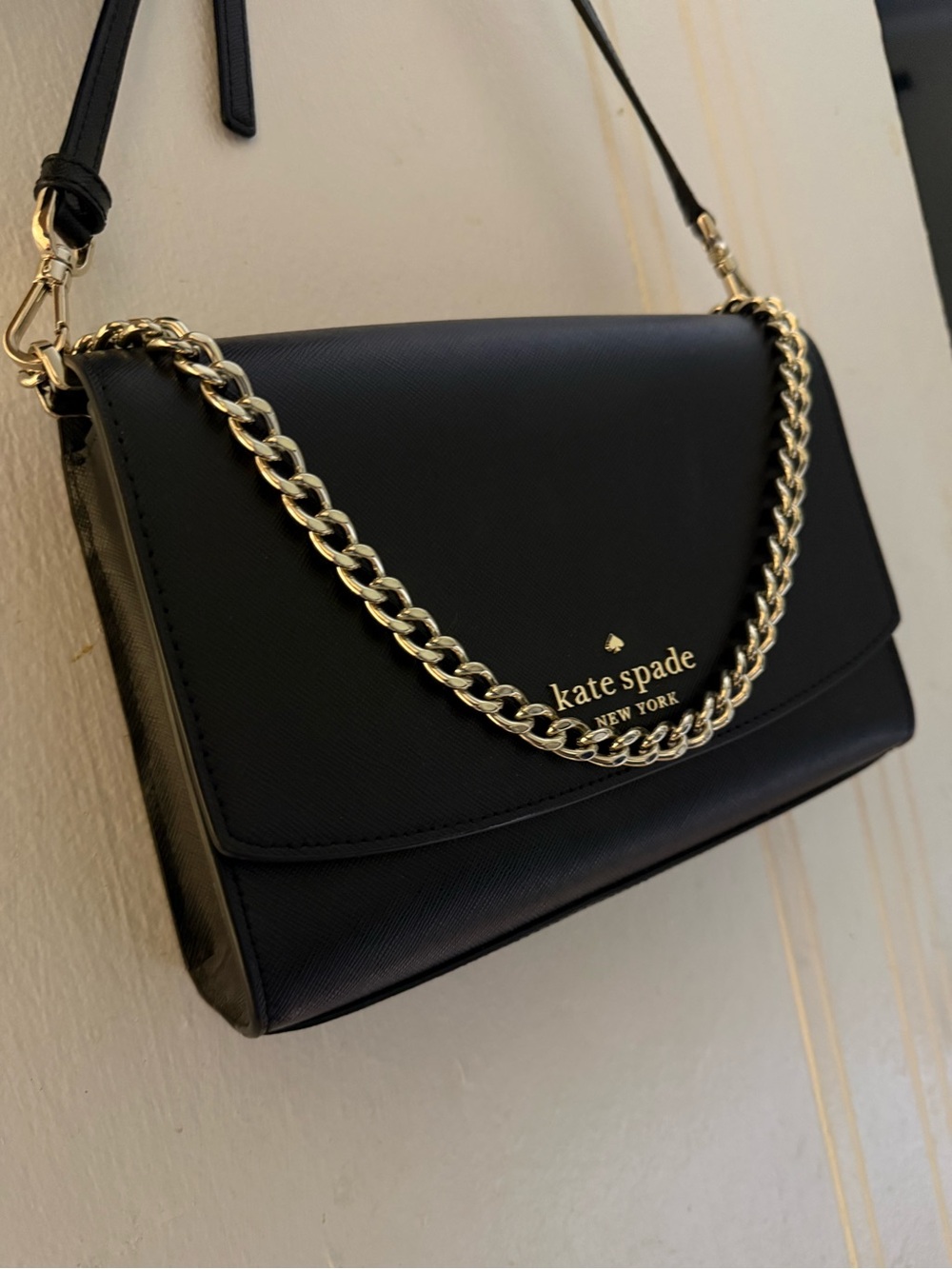 kate spade Black Leather Crossbody with Gold Chain